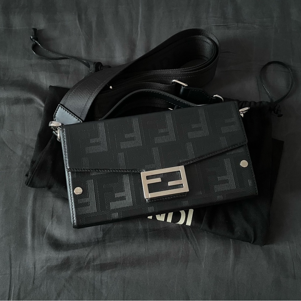 FENDI Soft Trunk Baguette Top Handle Black Leather Bag